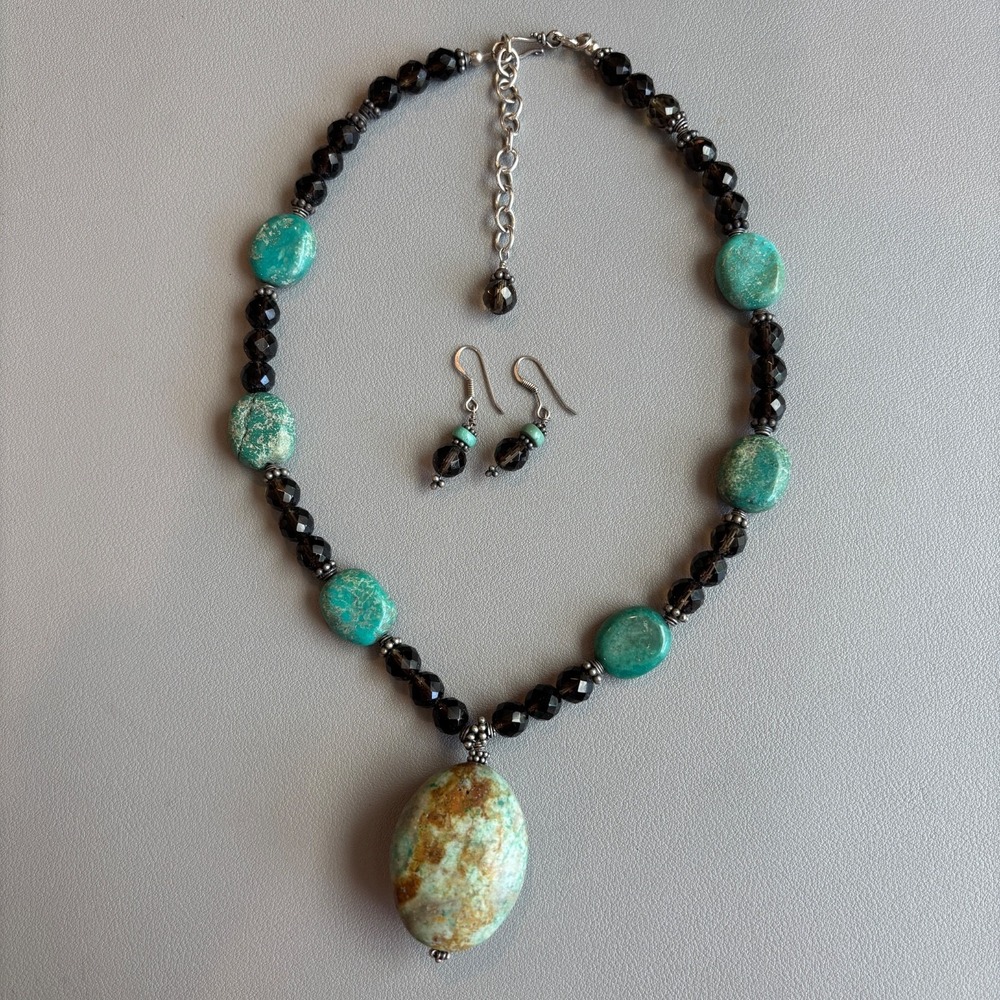 Vintage Turquoise Smoky Quartz Beaded Neckace and Earrings 17"